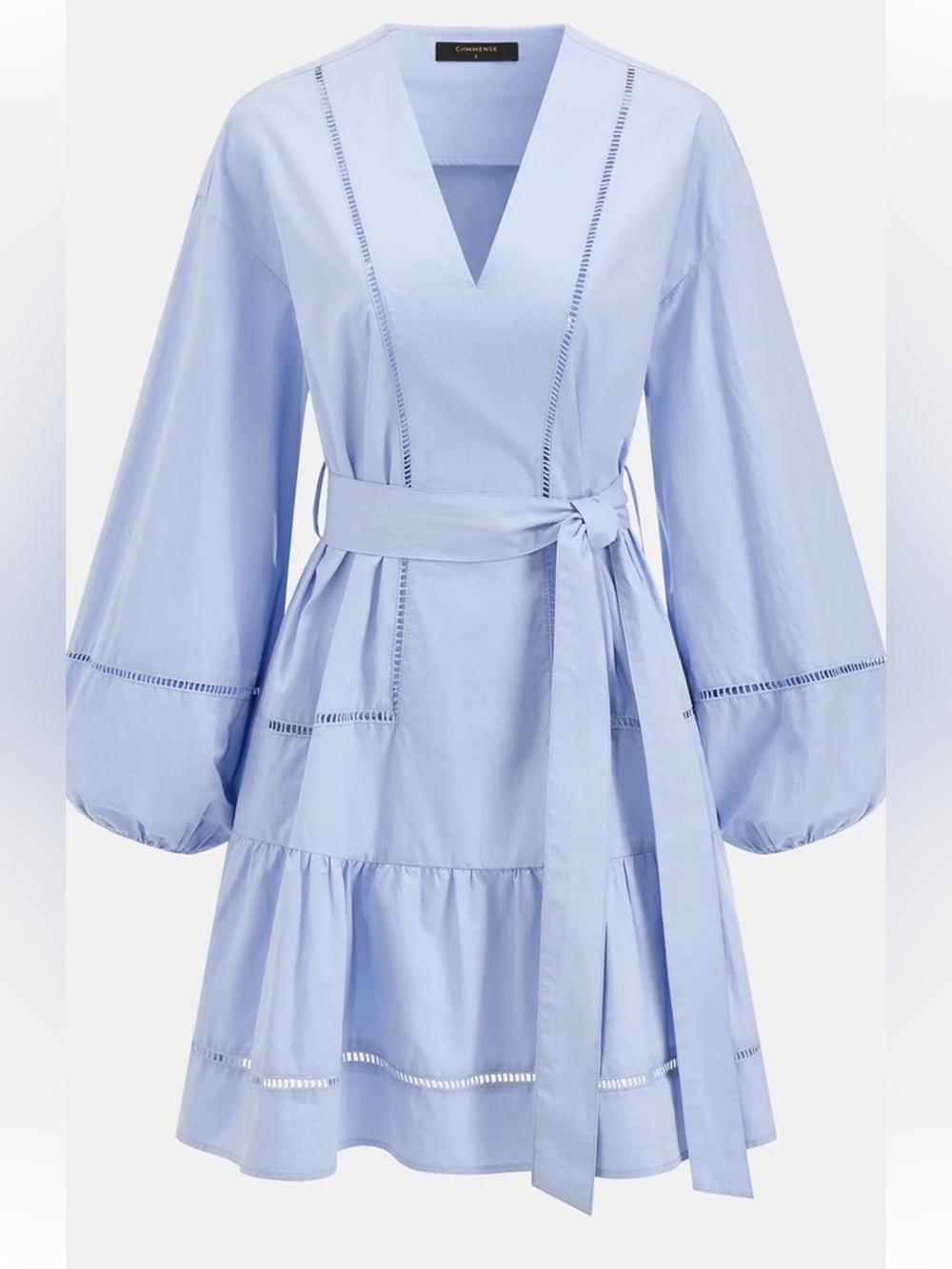 Commense Cotton V-Neck Lantern Sleeve Belted Mini Dress